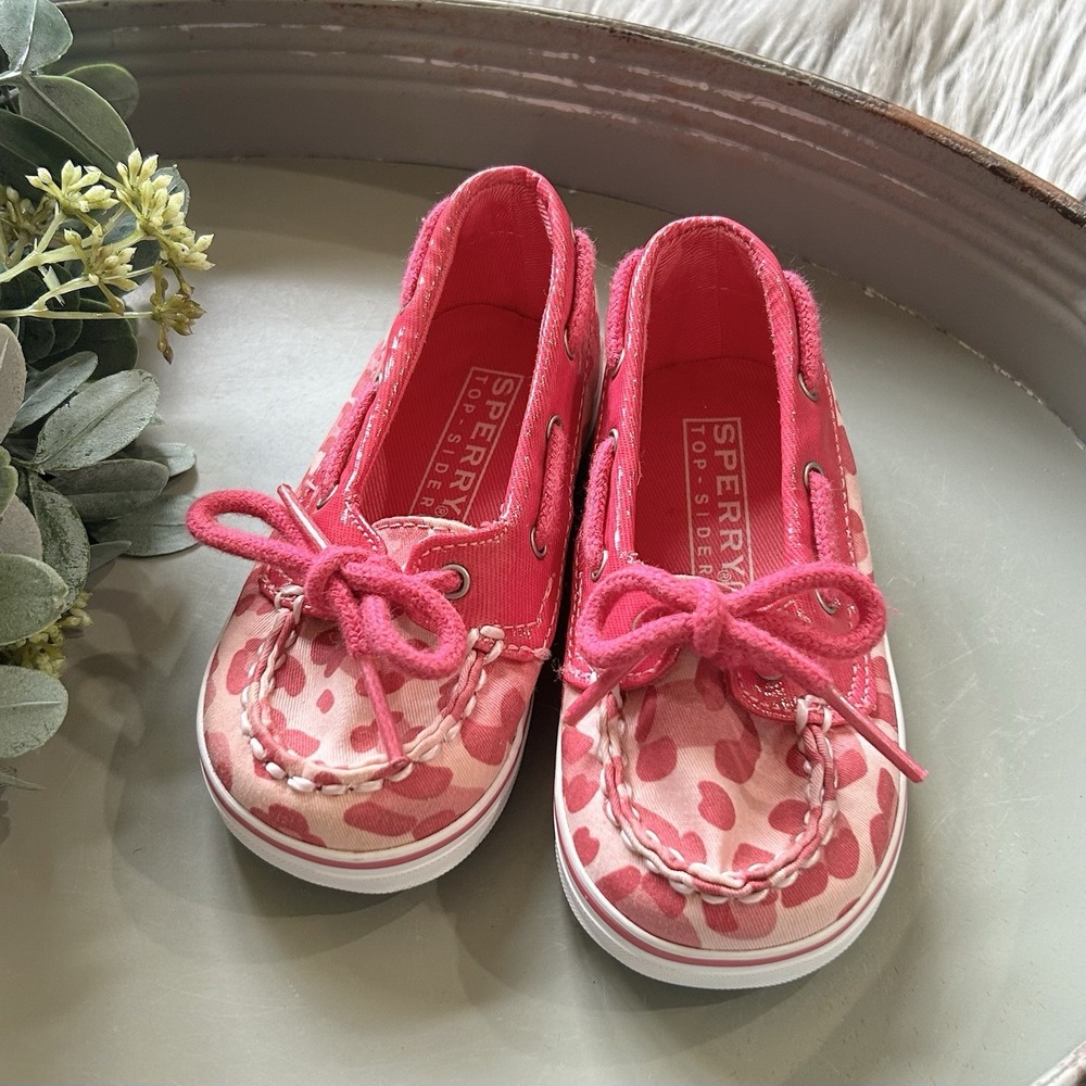 Sperry Top-Sider Biscayne Crib Baby Girl Pink Cheetah/Camo Print Boat Shoes SZ 4